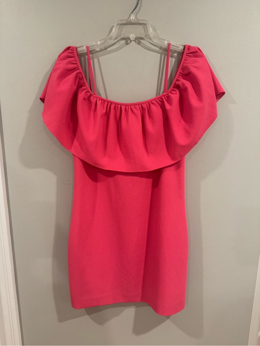 Trina Turk Cocktail Dress Hot Pink Off-Shoulder Ruffle Short Size 6